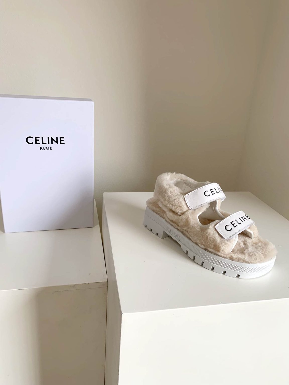 Celine Leo Scratch Sandal With Fur White For Women