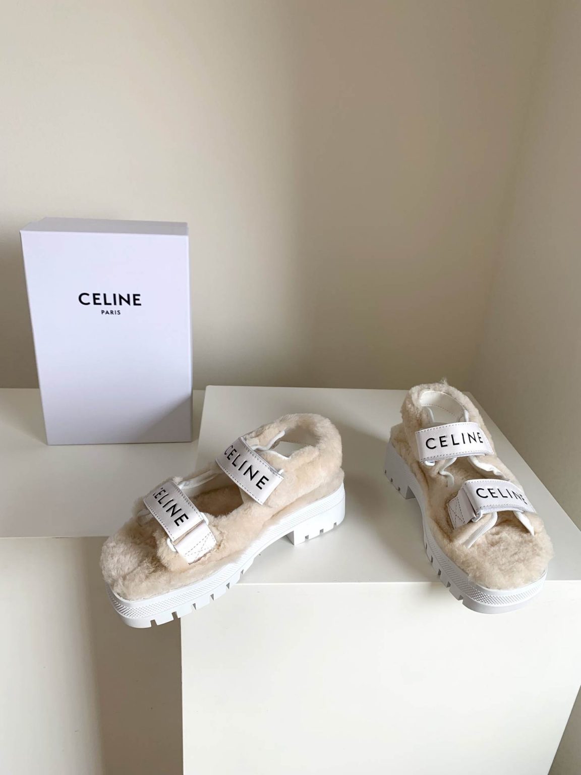 Celine Leo Scratch Sandal With Fur White For Women