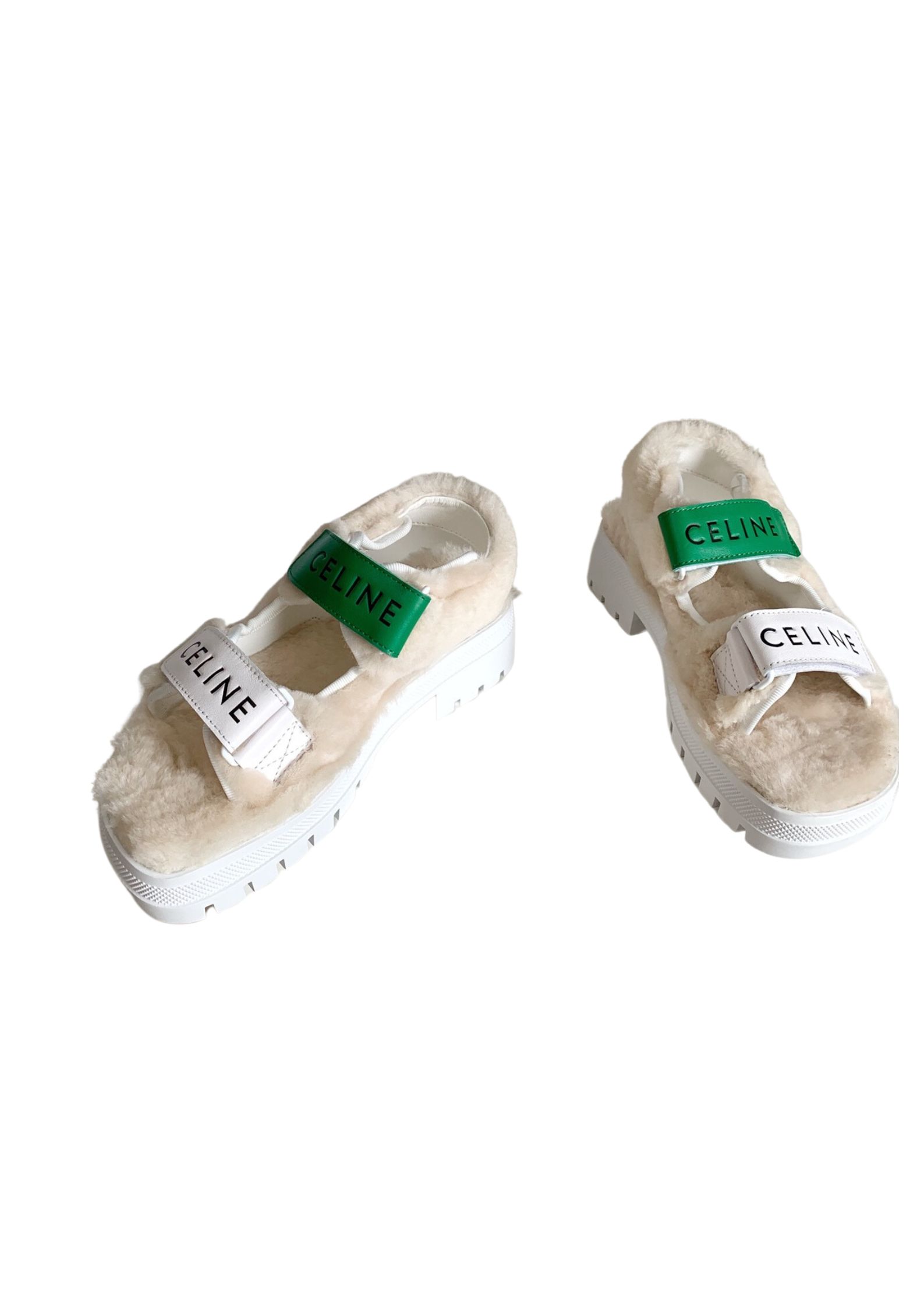 Celine Leo Scratch Sandal With Fur White And Green For Women