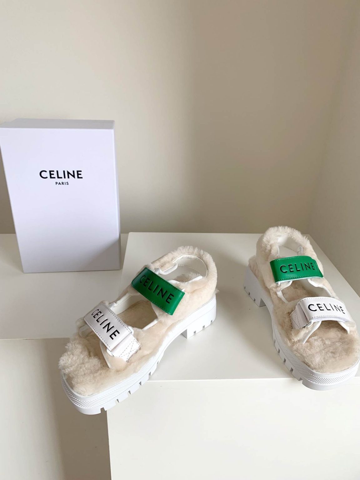 Celine Leo Scratch Sandal With Fur White And Green For Women