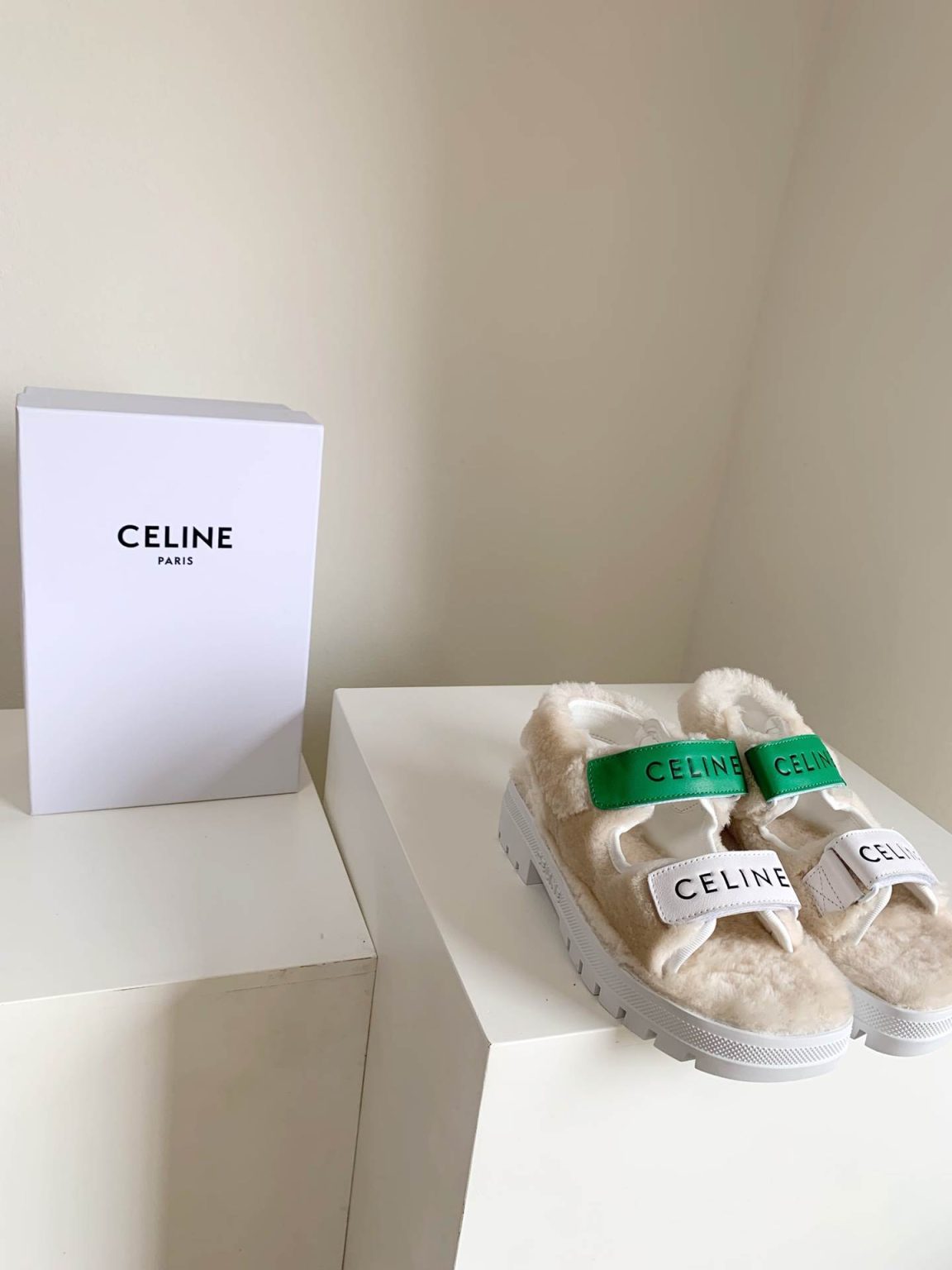 Celine Leo Scratch Sandal With Fur White And Green For Women