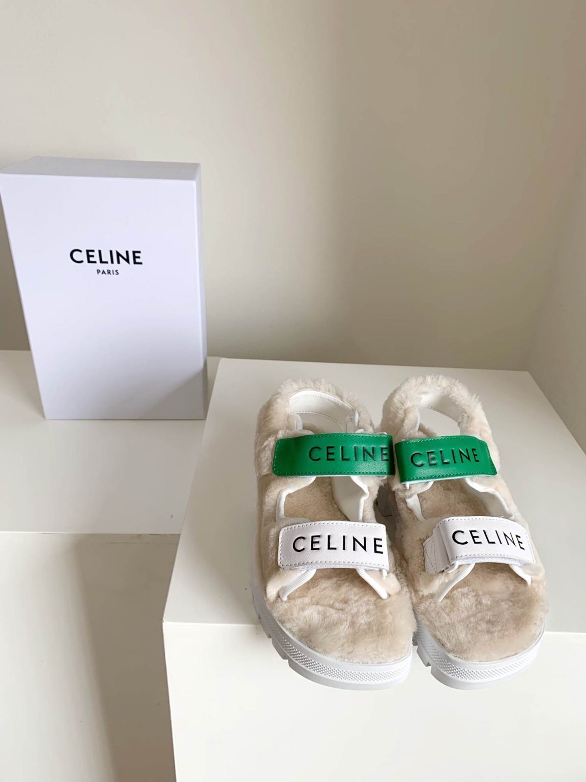 Celine Leo Scratch Sandal With Fur White And Green For Women