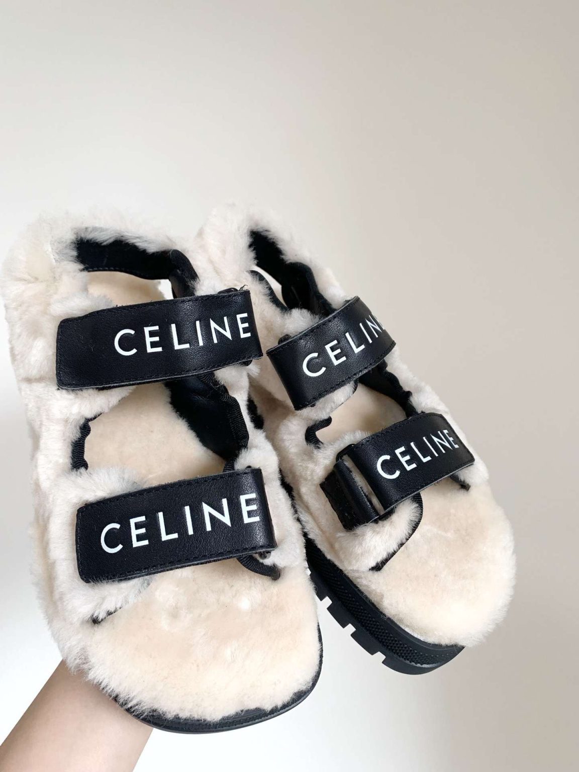 Celine Leo Scratch Sandal With Fur Black For Women