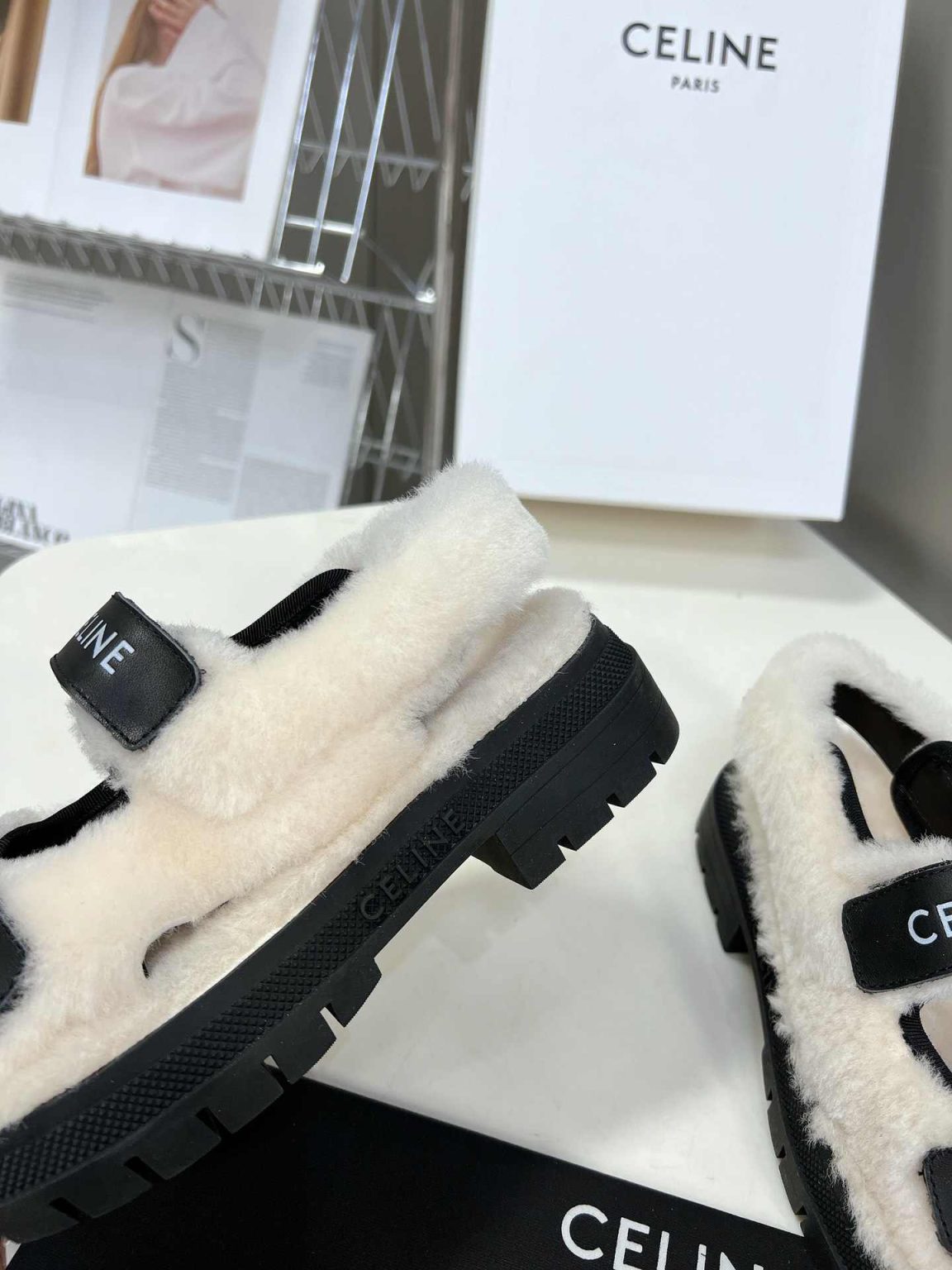 Celine Leo Scratch Sandal With Fur Smooth Black For Women