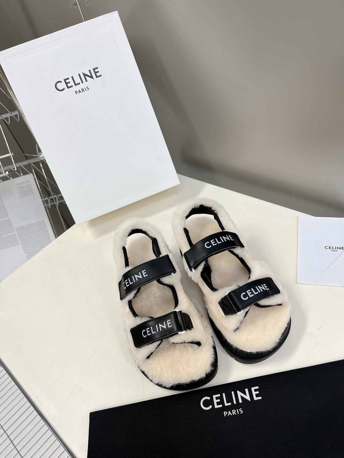 Celine Leo Scratch Sandal With Fur Smooth Black For Women