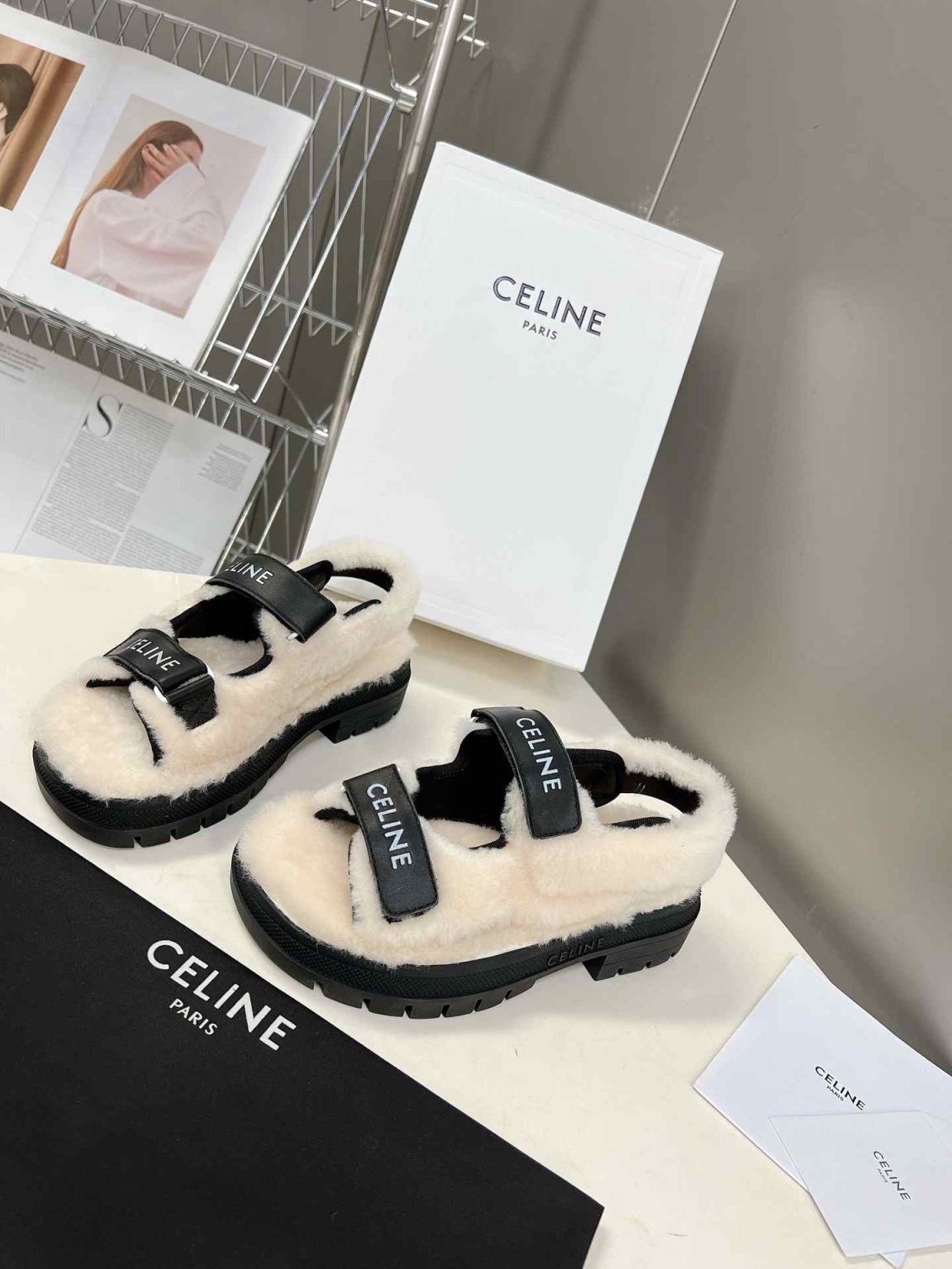 Celine Leo Scratch Sandal With Fur Smooth Black For Women