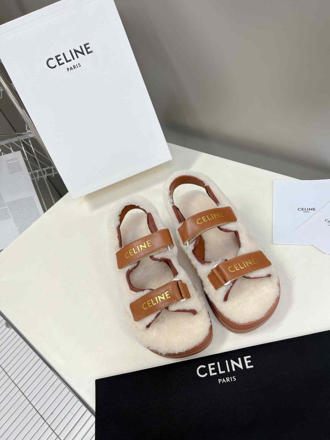 Celine Leo Scratch Sandal With Fur Smooth Brown For Women