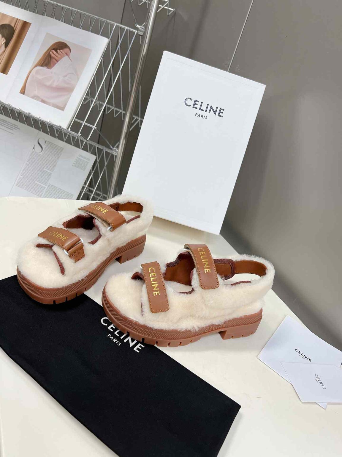 Celine Leo Scratch Sandal With Fur Smooth Brown For Women