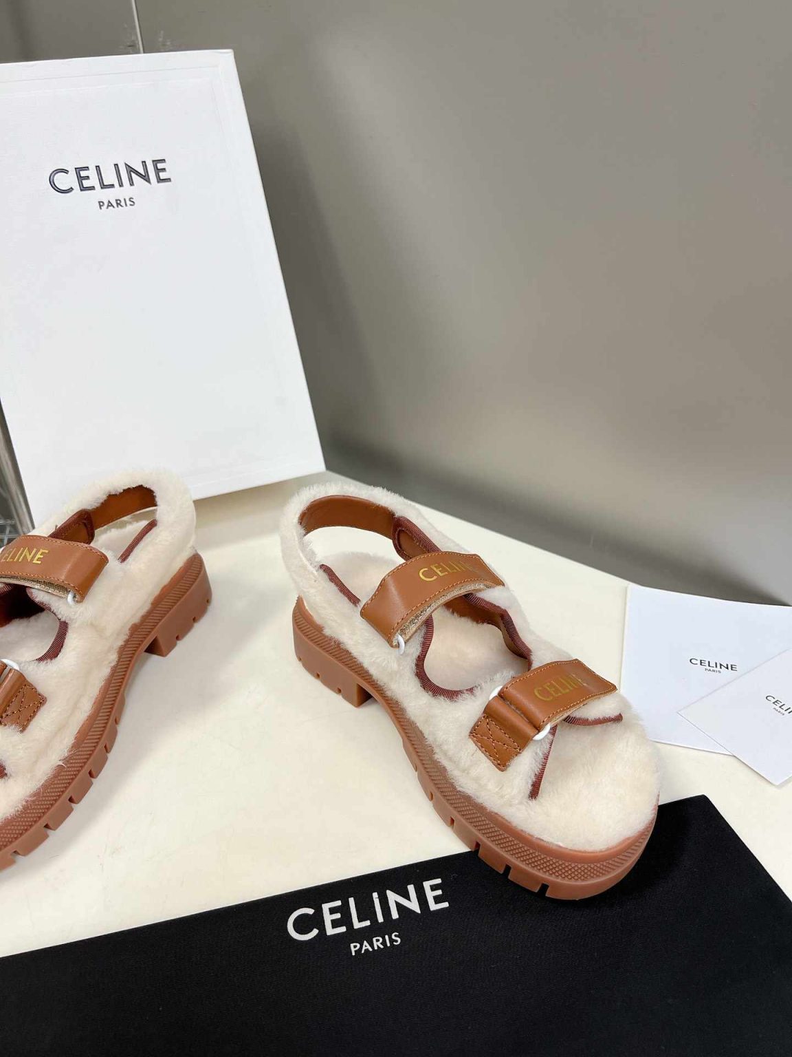 Celine Leo Scratch Sandal With Fur Smooth Brown For Women