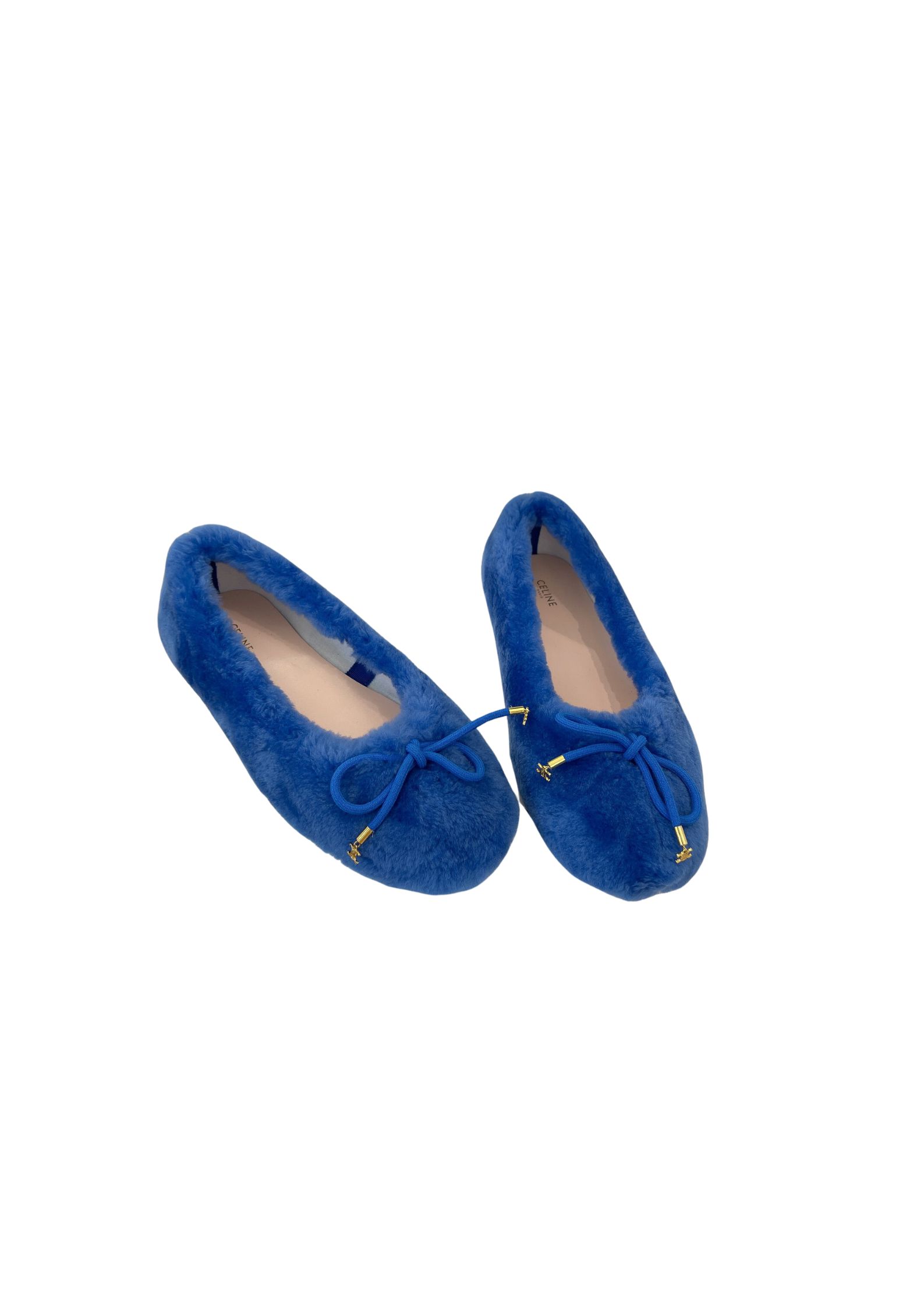 Celine Les Ballerines Celine Ballerina With Triomphe Laces And Fur Blue For Women