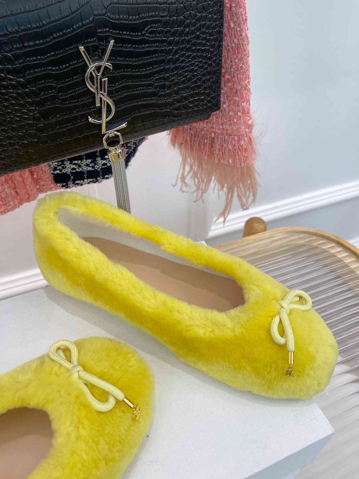 Celine Les Ballerines Celine Ballerina With Triomphe Laces And Fur Yellow For Women