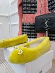 Celine Les Ballerines Celine Ballerina With Triomphe Laces And Fur Yellow For Women