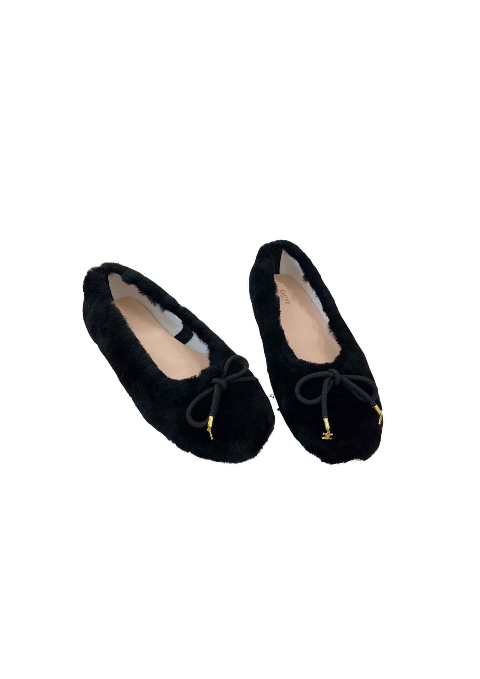 Celine Les Ballerines Celine Ballerina With Triomphe Laces And Fur Black For Women