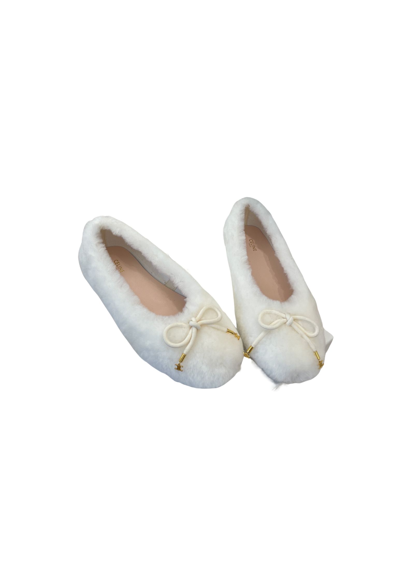 Celine Les Ballerines Celine Ballerina With Triomphe Laces And Fur White For Women