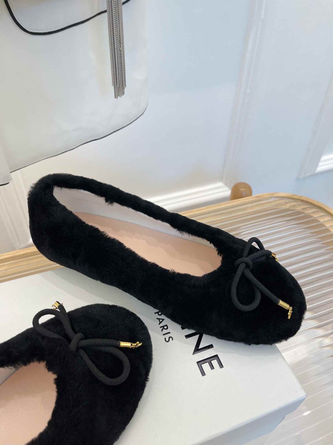 Celine Les Ballerines Celine Ballerina With Triomphe Laces And Fur Black For Women