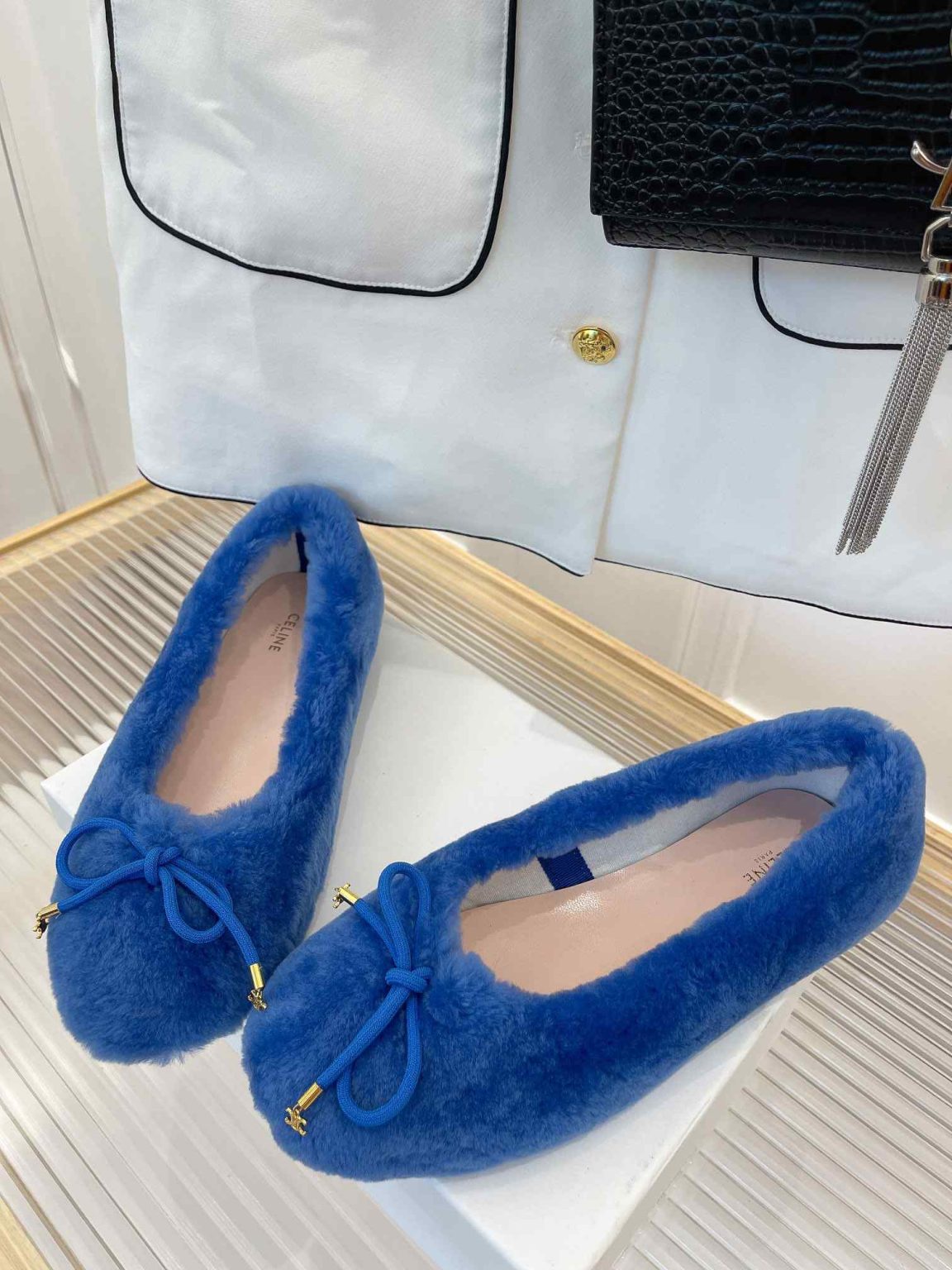 Celine Les Ballerines Celine Ballerina With Triomphe Laces And Fur Blue For Women