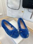 Celine Les Ballerines Celine Ballerina With Triomphe Laces And Fur Blue For Women