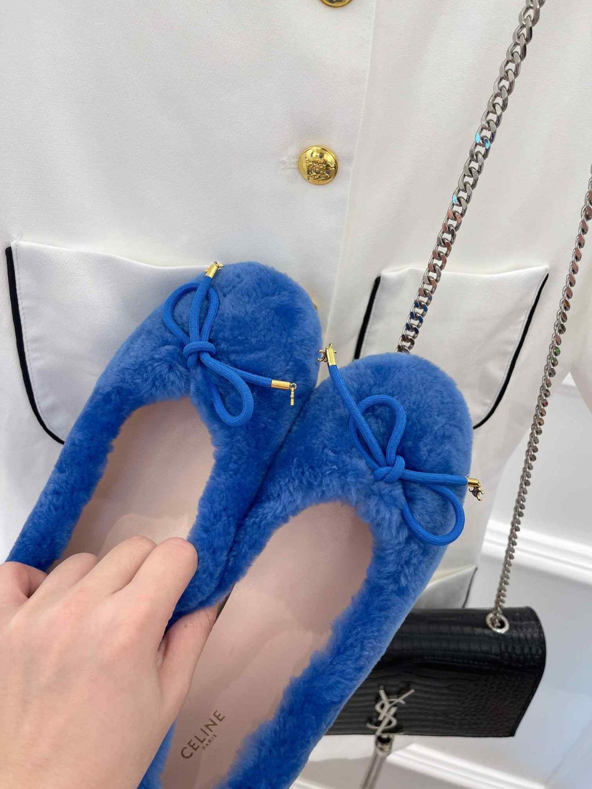 Celine Les Ballerines Celine Ballerina With Triomphe Laces And Fur Blue For Women