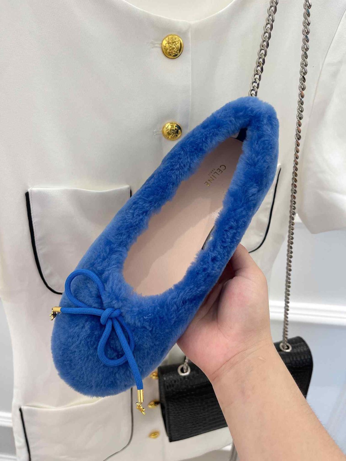 Celine Les Ballerines Celine Ballerina With Triomphe Laces And Fur Blue For Women