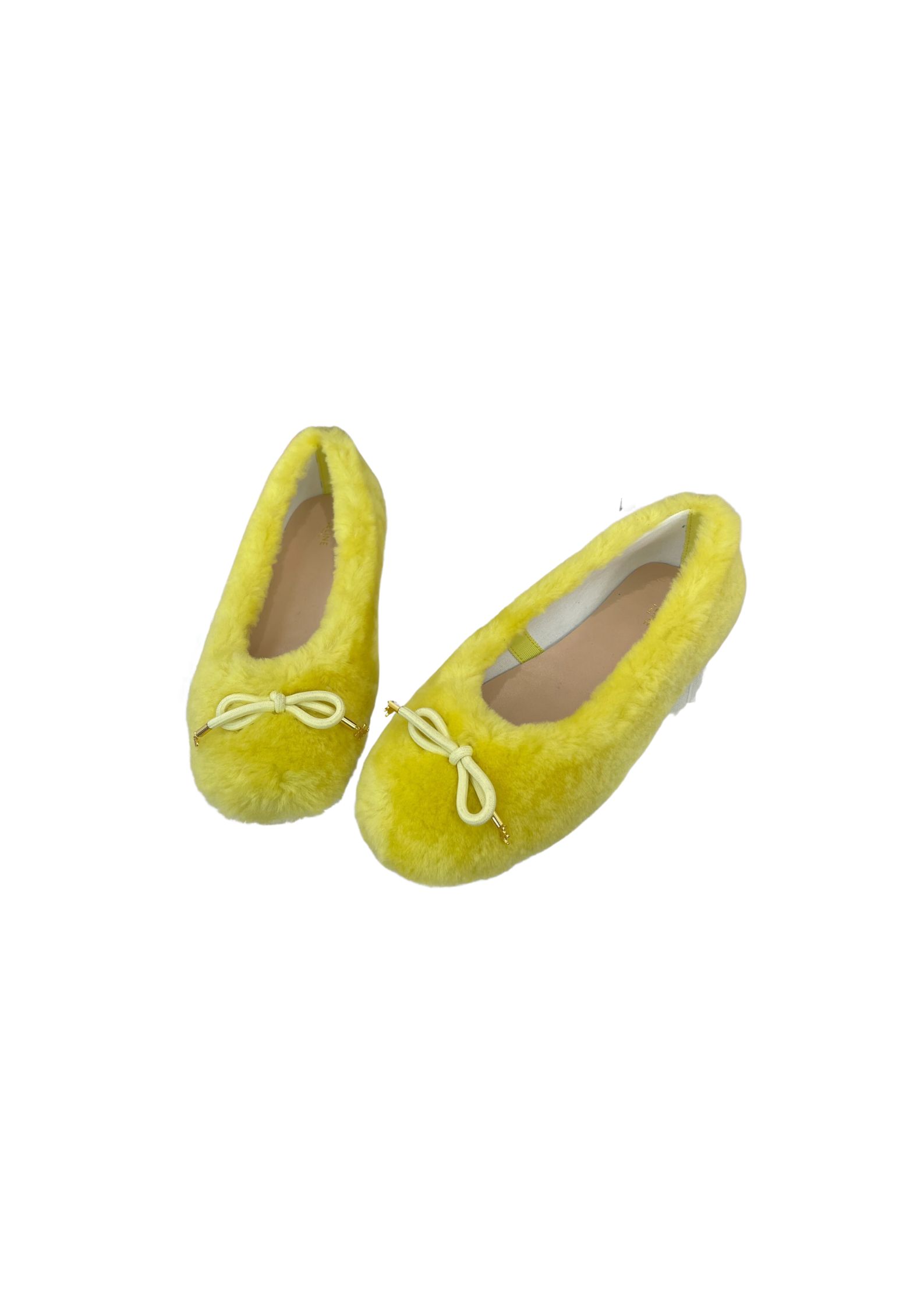 Celine Les Ballerines Celine Ballerina With Triomphe Laces And Fur Yellow For Women