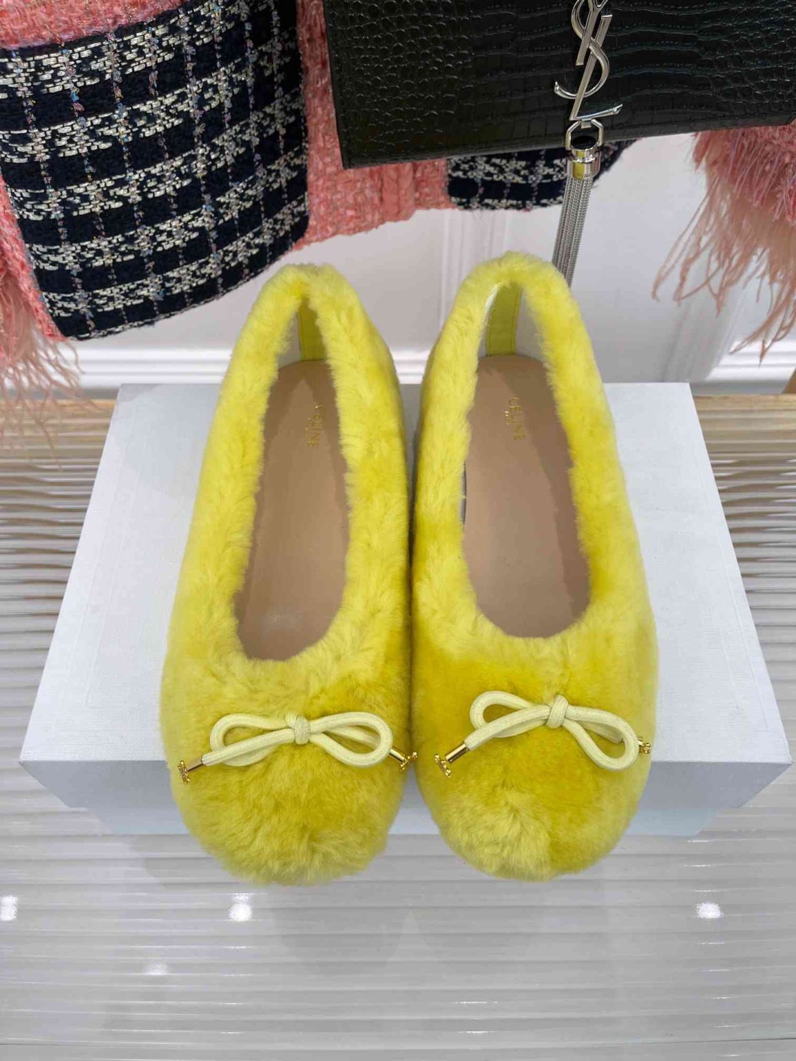 Celine Les Ballerines Celine Ballerina With Triomphe Laces And Fur Yellow For Women