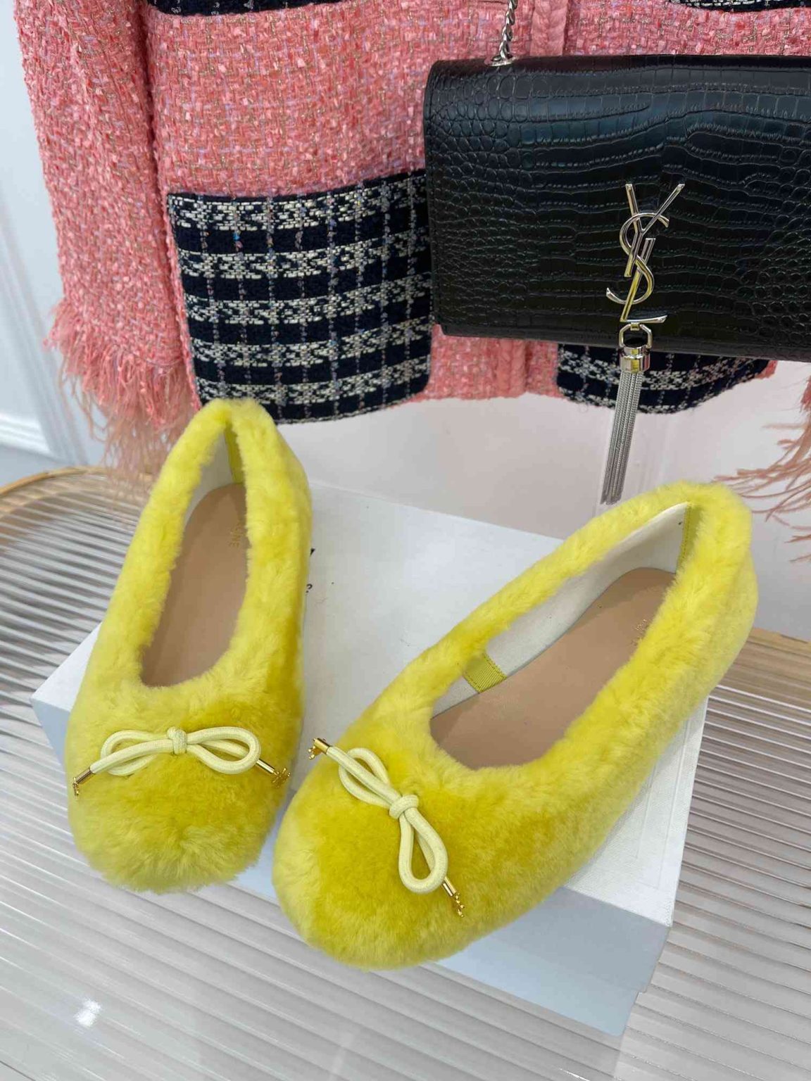 Celine Les Ballerines Celine Ballerina With Triomphe Laces And Fur Yellow For Women