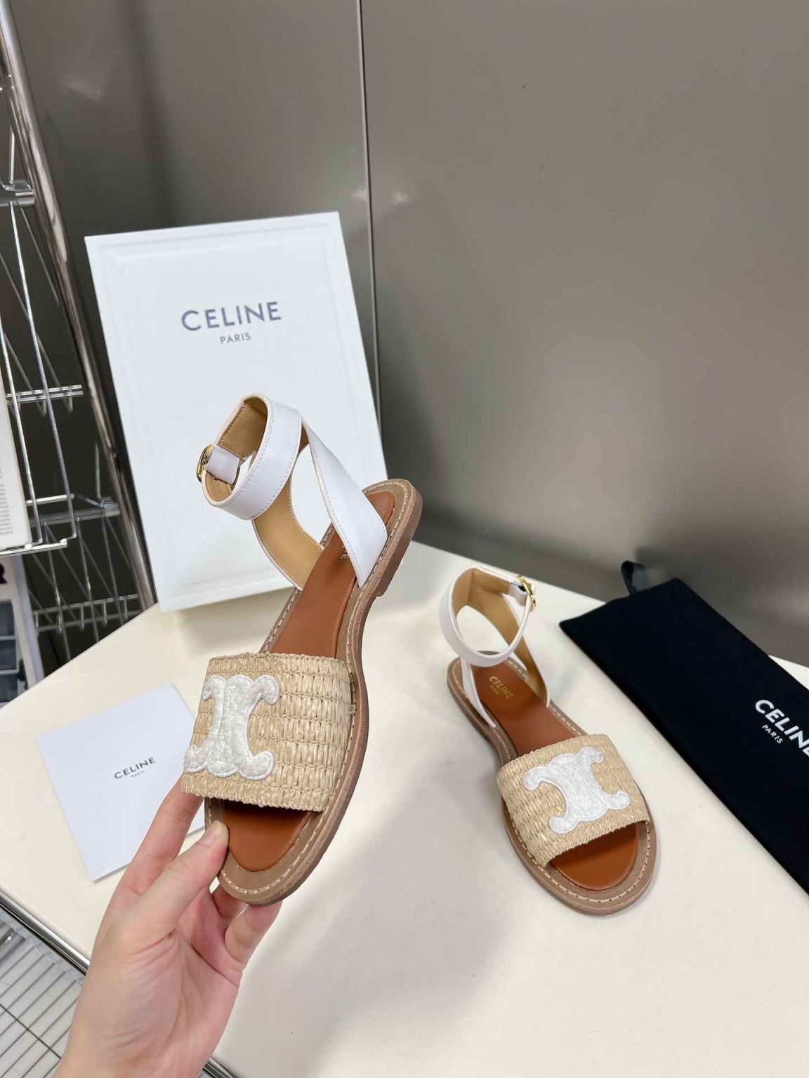 Celine Lympia Flat Strap Sandal In Raffia White For Women 352402248C.02GH