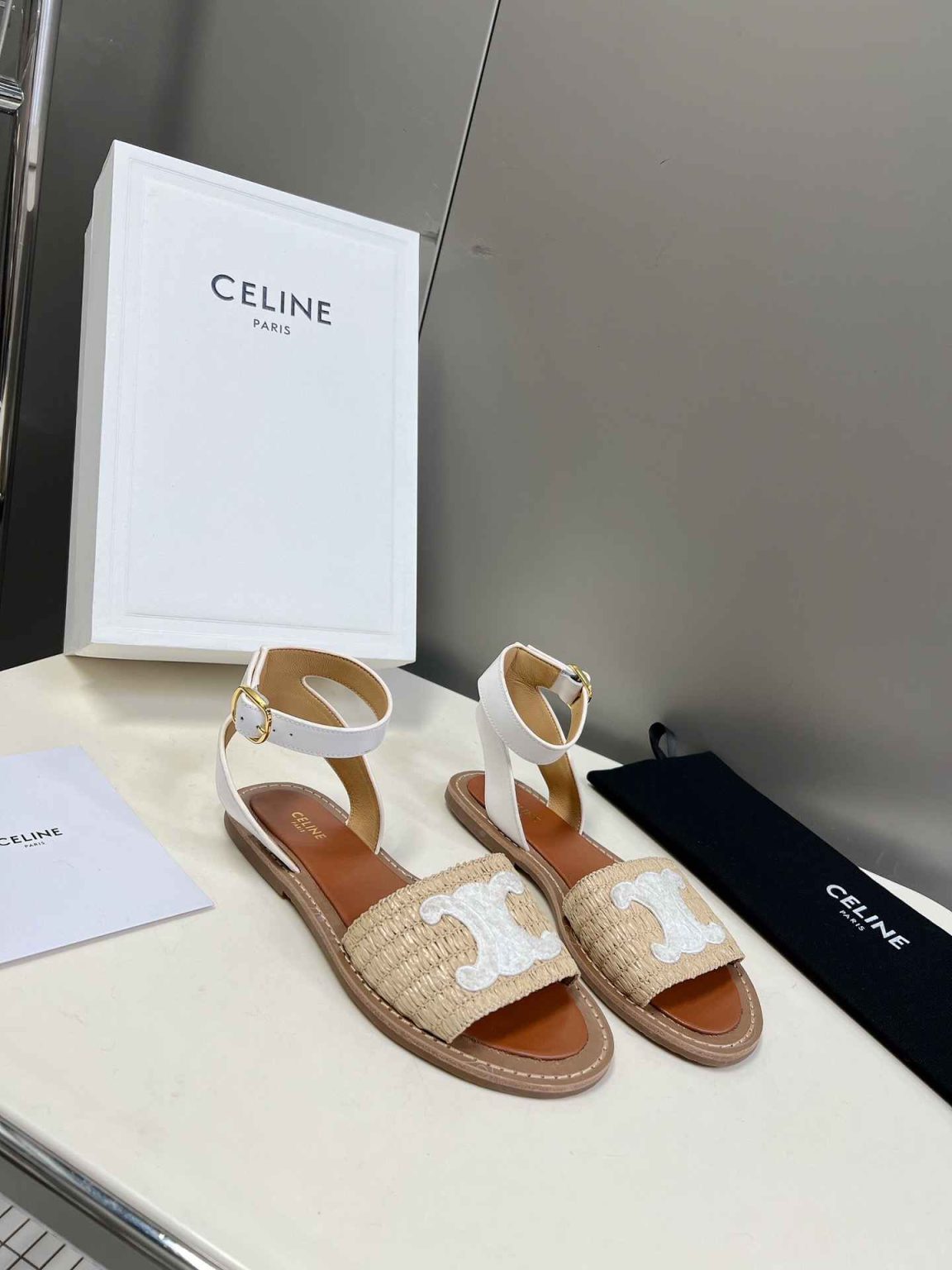 Celine Lympia Flat Strap Sandal In Raffia White For Women 352402248C.02GH