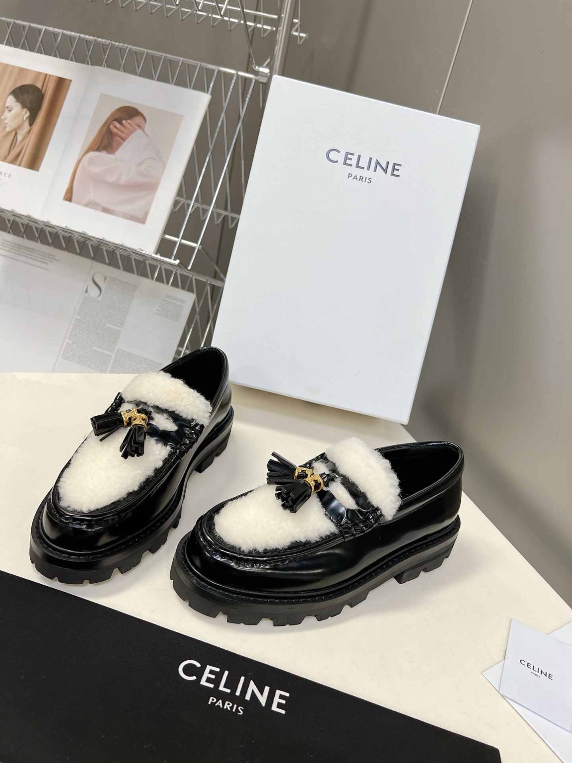 Celine Margaret Fur Loafer With Tassels Black For Women