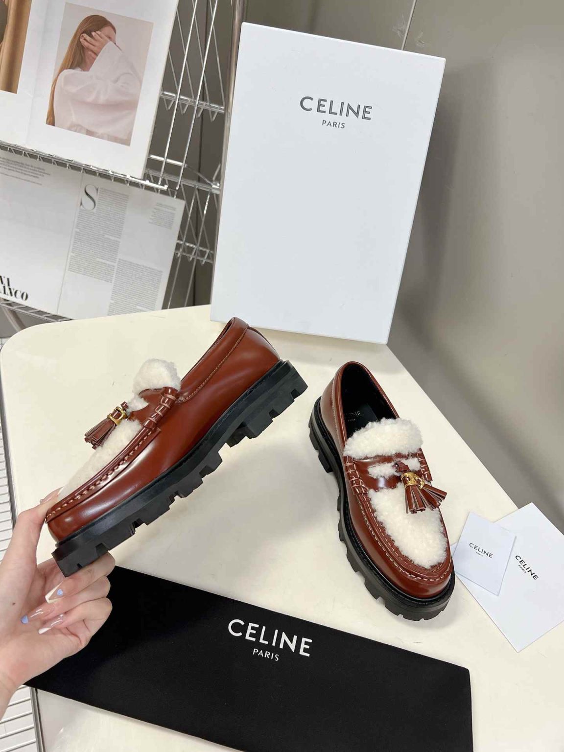 Celine Margaret Fur Loafer With Tassels Burgundy For Women