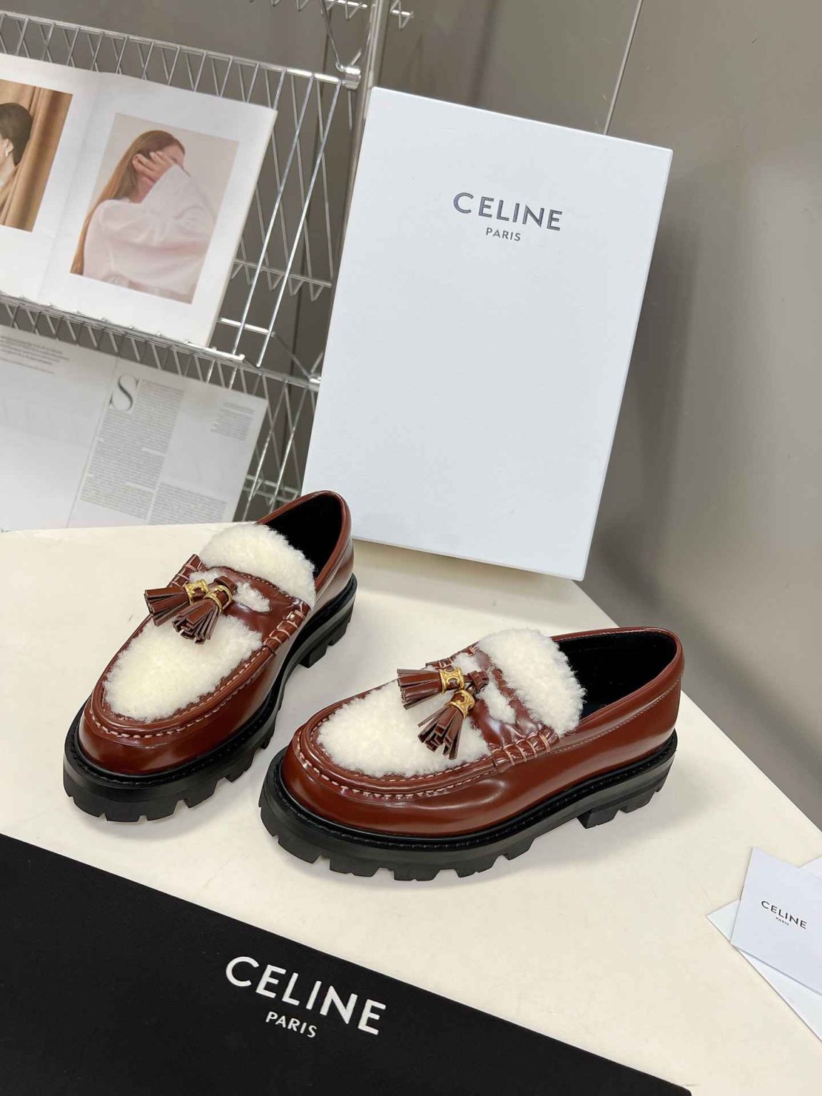 Celine Margaret Fur Loafer With Tassels Burgundy For Women