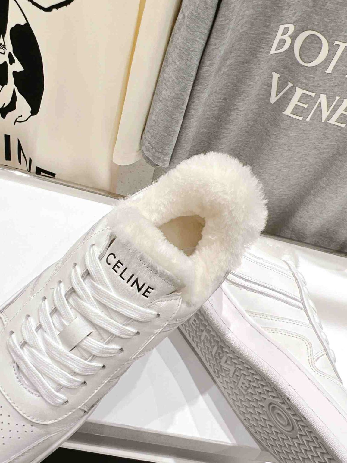 Celine Trainer Low Lace-Up Sneaker In Fur White For Women