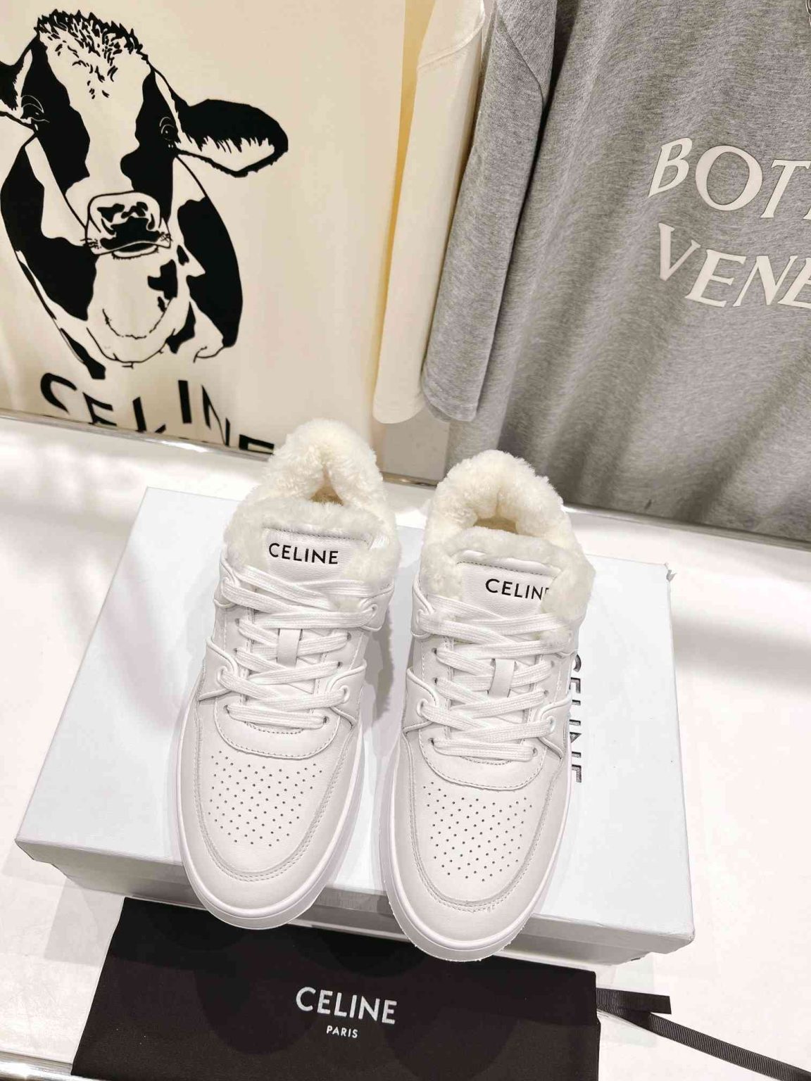 Celine Trainer Low Lace-Up Sneaker With Fur White For Women