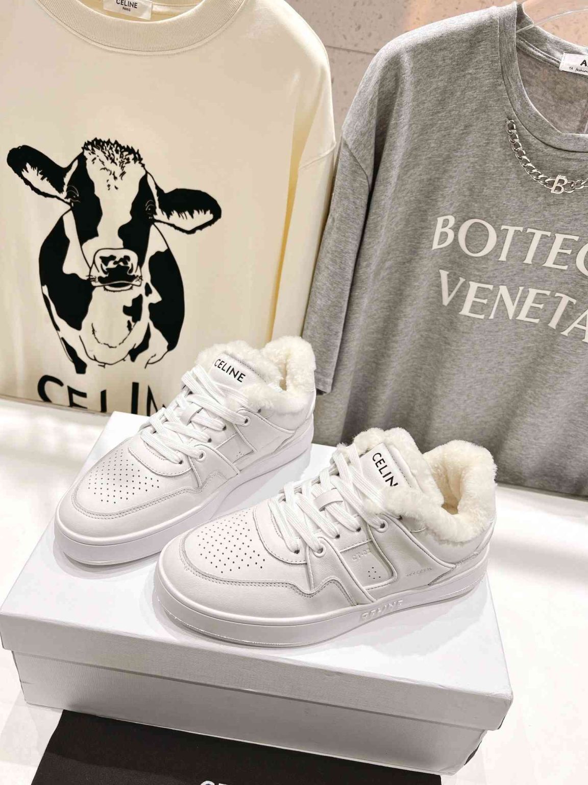 Celine Trainer Low Lace-Up Sneaker With Fur White For Women