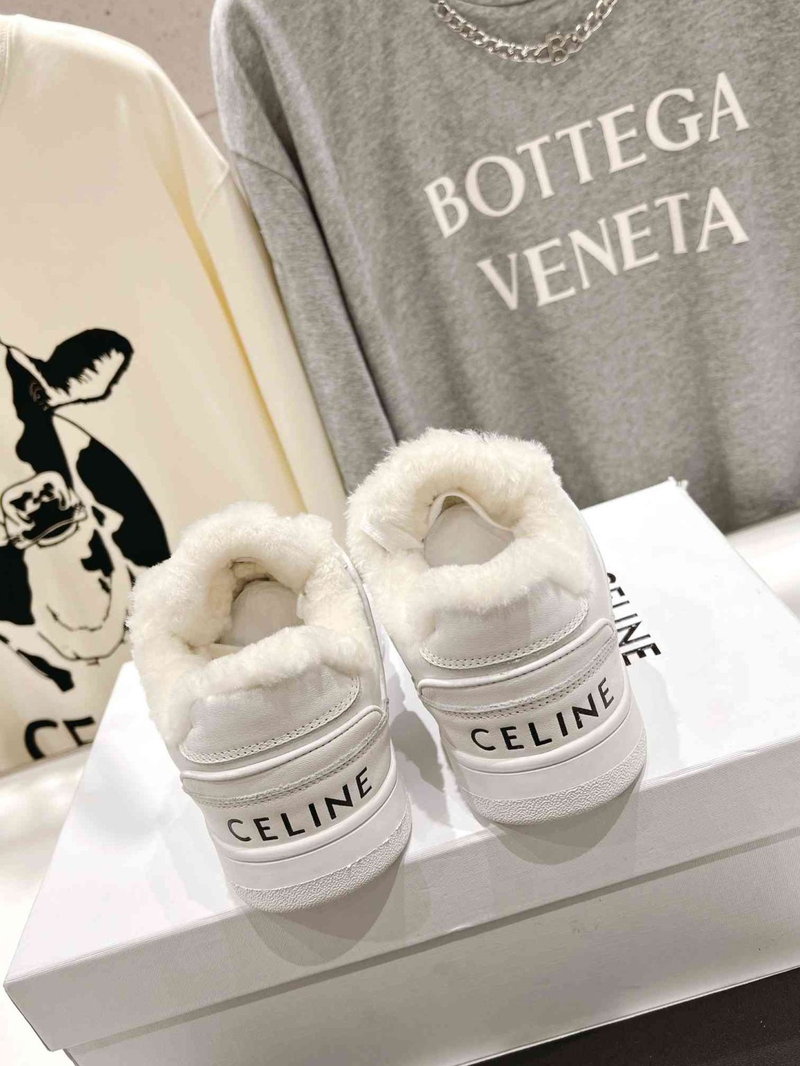 Celine Trainer Low Lace-Up Sneaker With Fur White For Women