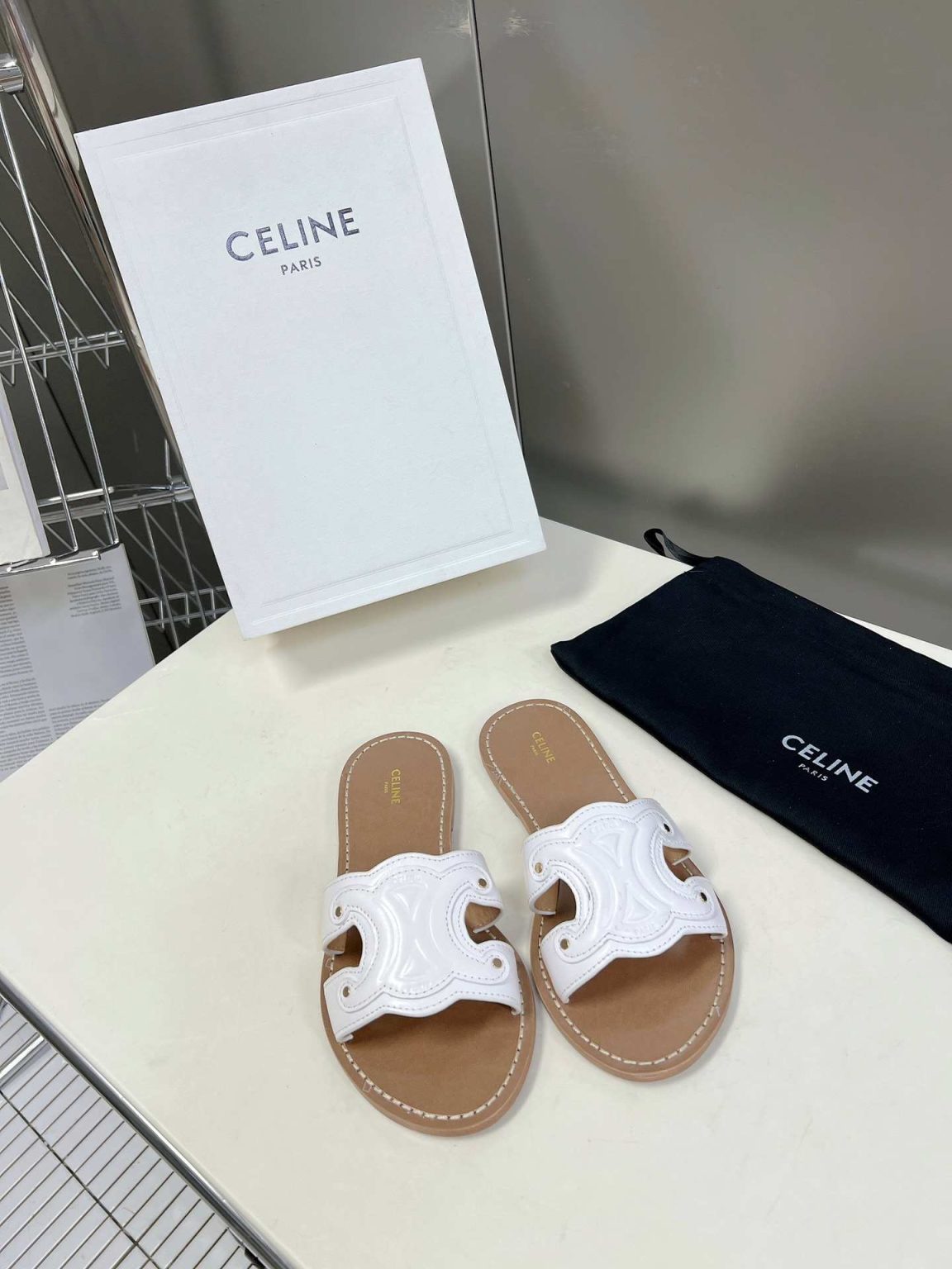 Celine Triomphe Mule White For Women