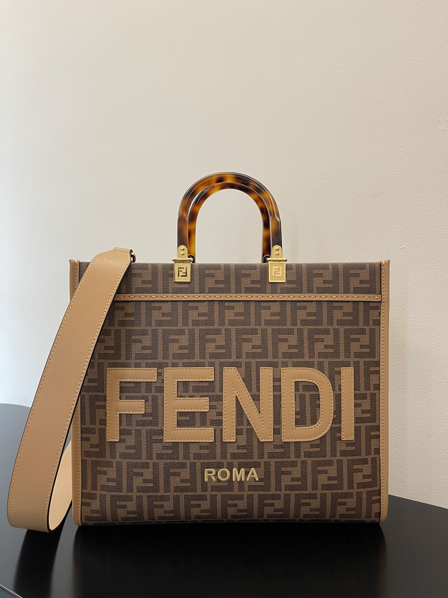 Fendi Sunshine Medium Brown FF jacquard fabric shopper Bag For Woman 31cm/12in