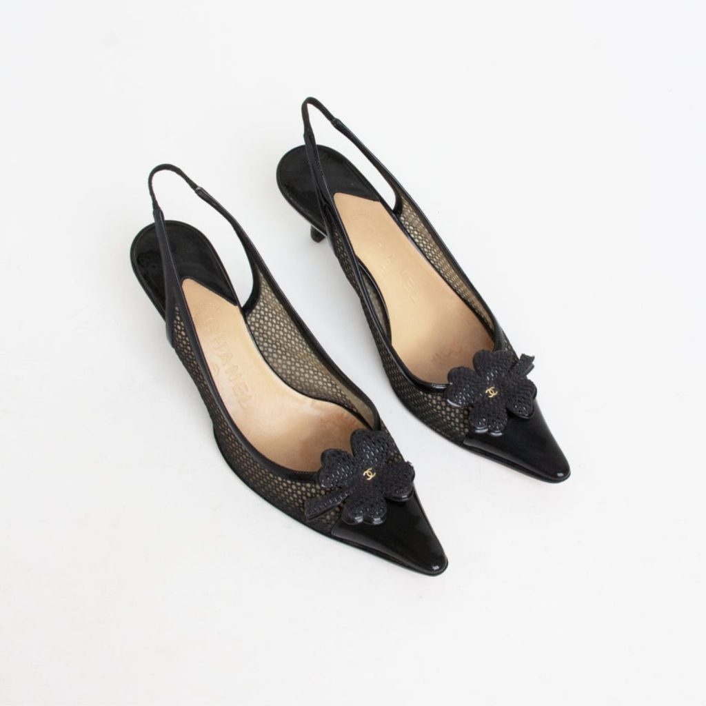 Chanel Mesh Clover Slingback Heels Black For Women