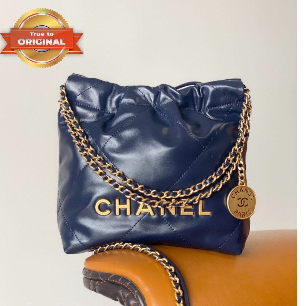 [True-to-ORIGINAL] Chanel 22 Mini Bag Gold Tone Navy Blue For Women 7,5in/19cm