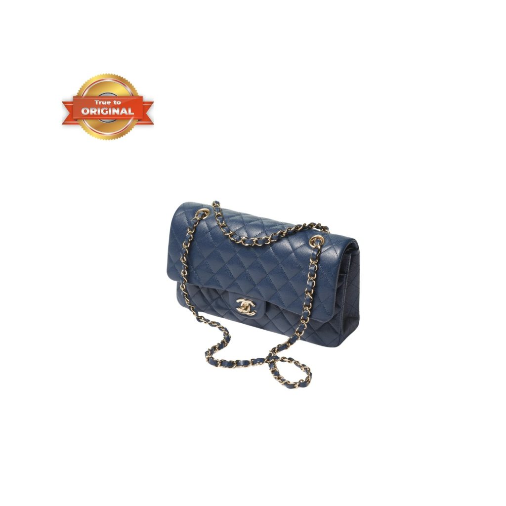 [True-to-ORIGINAL] Chanel Classic Handbag Dark Blue GOLD-toned hardware For Women Size 30 x 19.5 x 10 cm