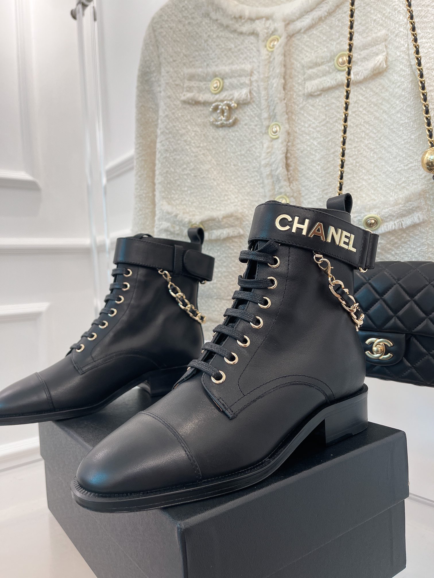 Chanel Women’s Lace-Up With Chain Black For Women 1.5in/4cm