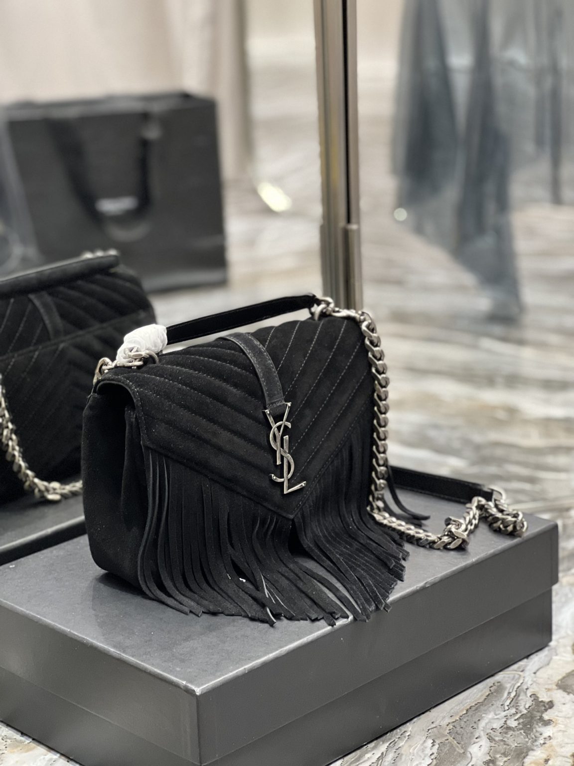 Saint Laurent Frosted Belt Fringe Perennial Messenger Bag Black For Women, Women’s Bags 9.4in/24cm YSL