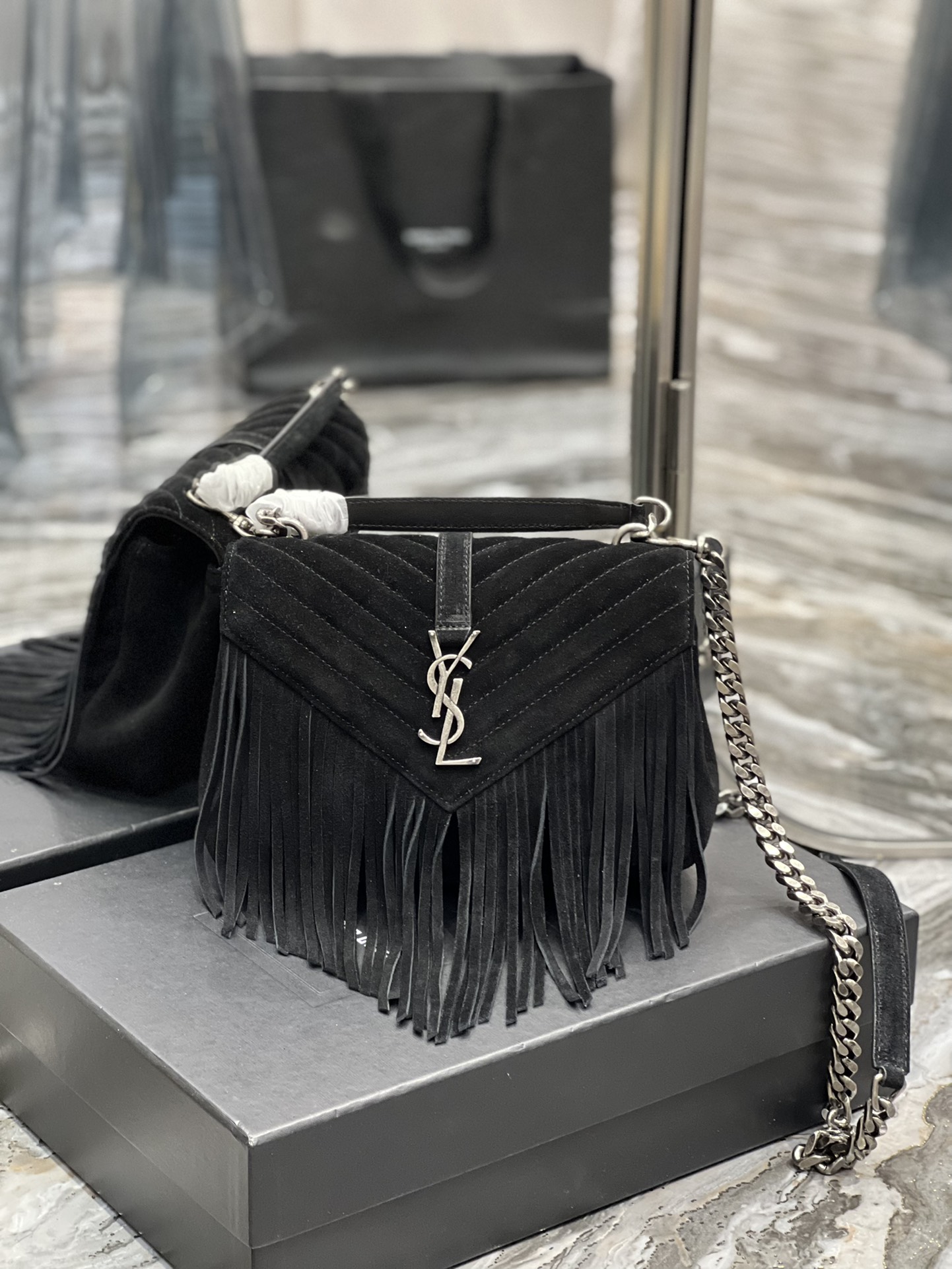 Saint Laurent Frosted Belt Fringe Perennial Messenger Bag Black For Women, Women’s Bags 9.4in/24cm YSL