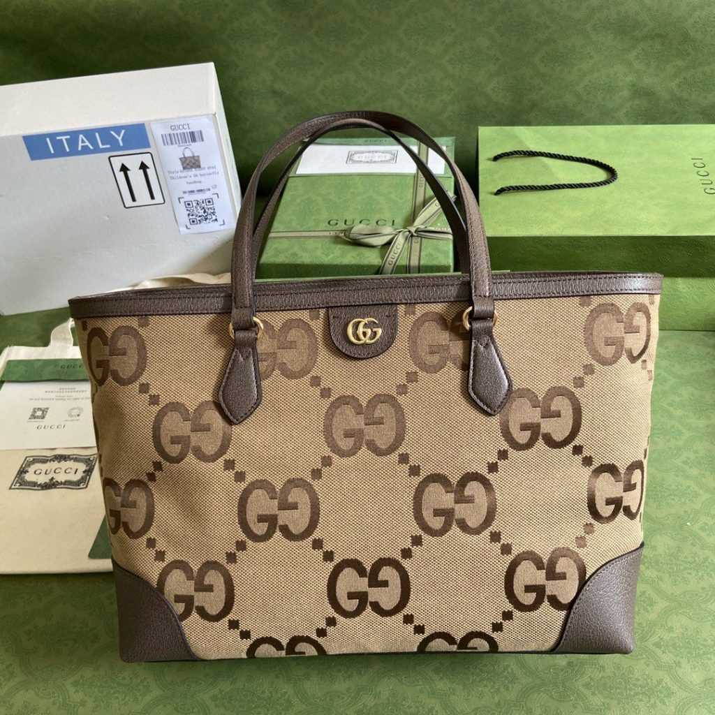 Gucci Ophidia Jumbo GG Medium Tote Camel And Ebony Jumbo Canvas For Women 15in/38cm GG