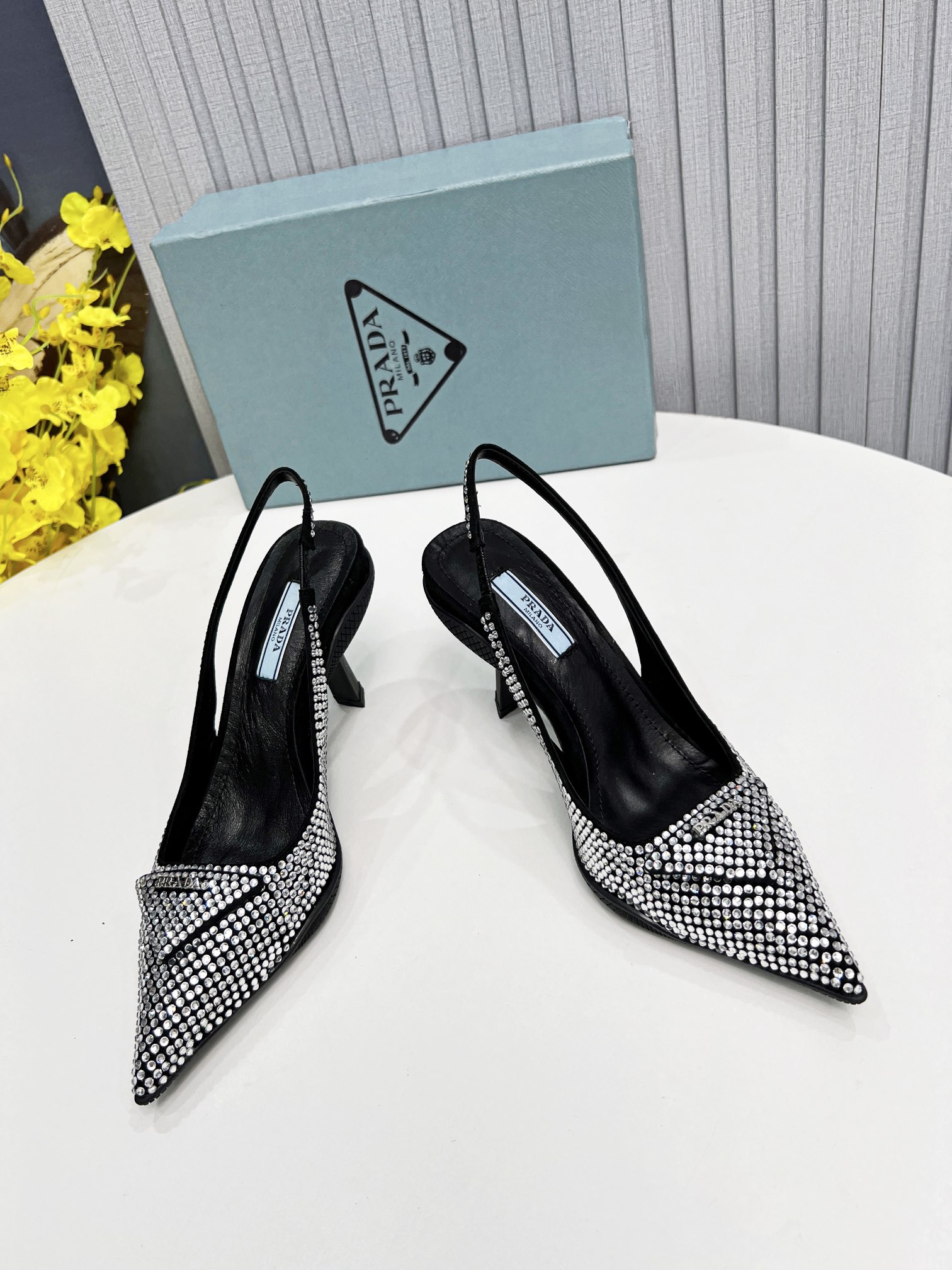 Prada Satin Slingback Pumps With Crystals Silver For Women 2.2in/55mm PRD