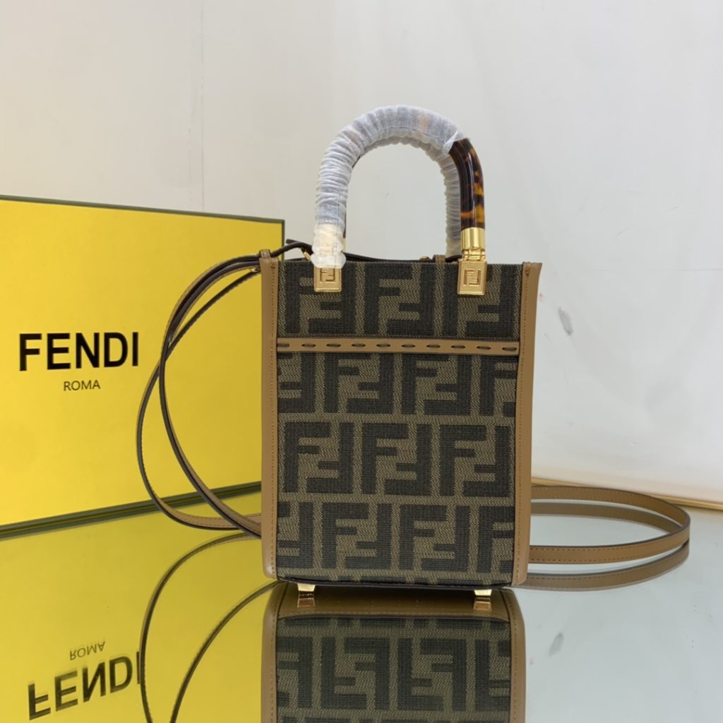 Fendi Sunshine Shopper Brown FF Fabric Mini Bag For Woman 13cm/5in