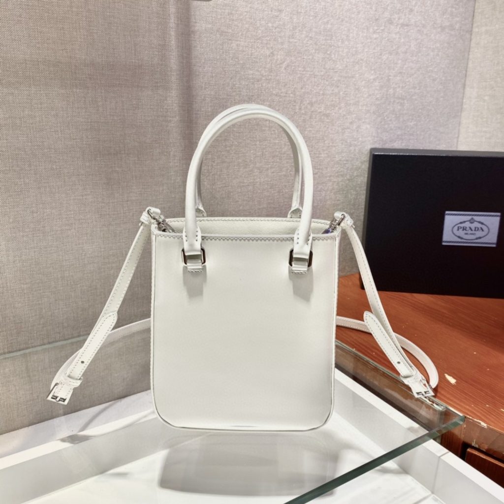 Prada Small Brushed Tote White For Women, Women’s Bags 6.9in/18cm 1BA331_ZO6_F0009_V_OOO