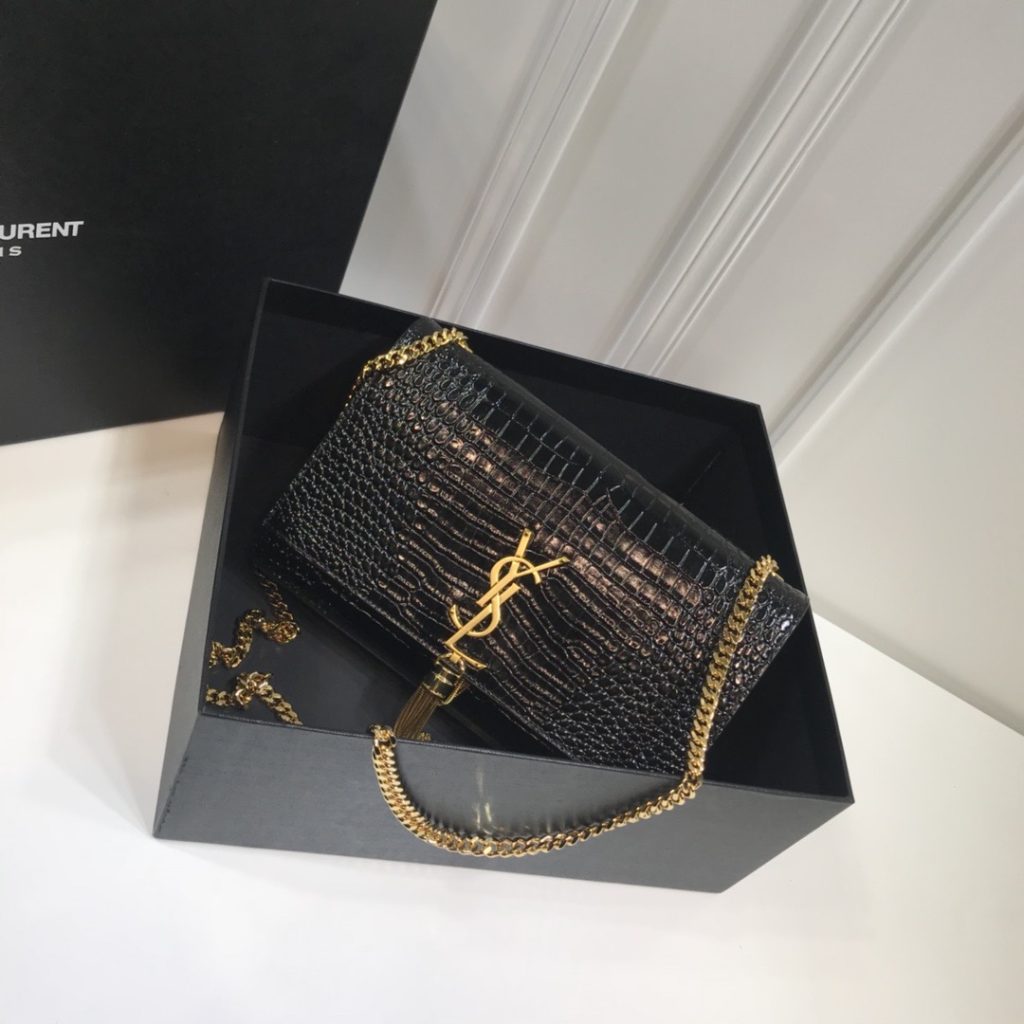 Saint Laurent Kate Medium Chain Bag With Tassel In Embossed Crocodile Black For Women 9.4in/24cm YSL 354119DND0J1000