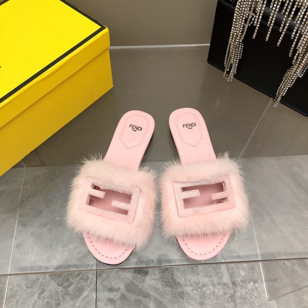 Fendi Signature Pink Mink Slides For Women