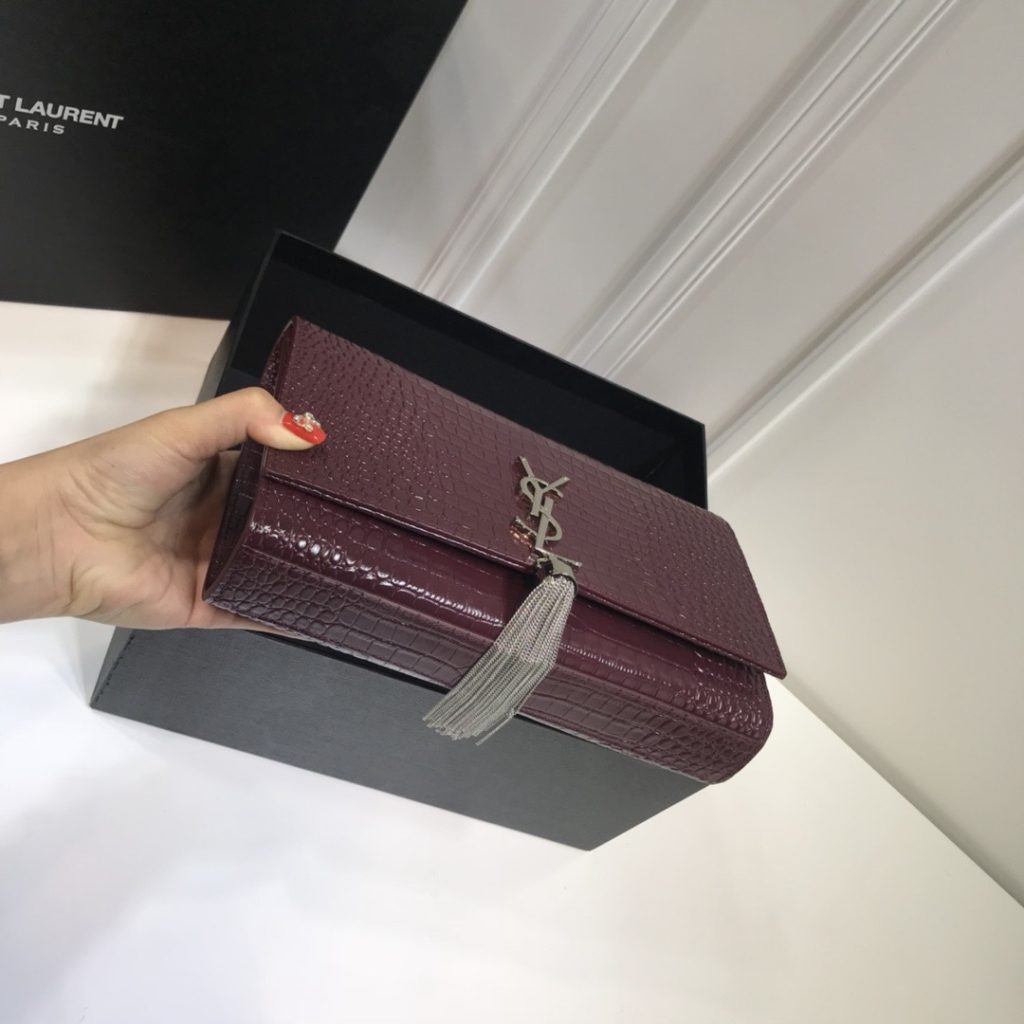 Saint Laurent Kate Medium Chain Bag With Tassel In Embossed Crocodile Dark Violet For Women 9.4in/24cm YSL